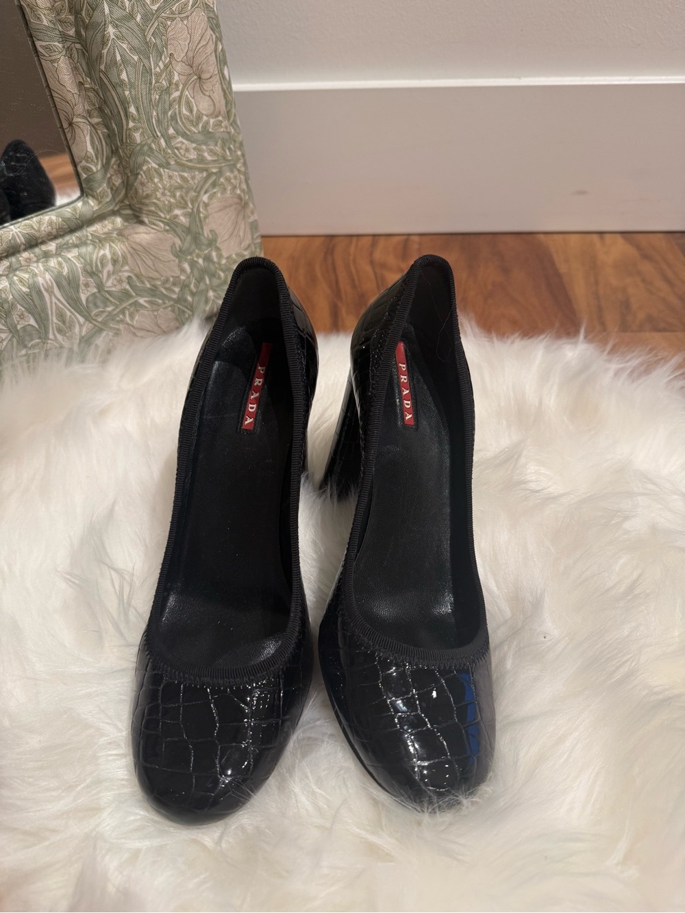 Prada Black Croc-Embossed Patent Leather Pumps
